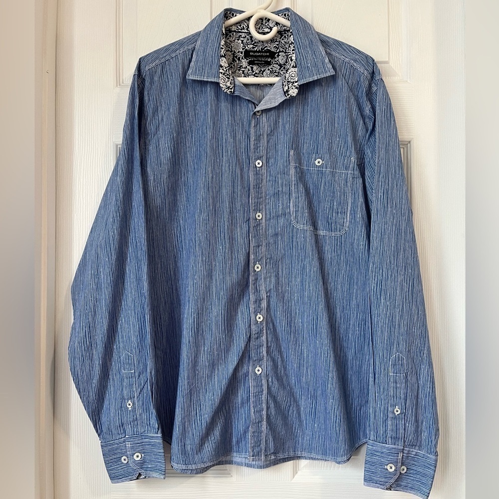 Bugatchi Blue Striped Floral Flip Cuff Shirt Large
